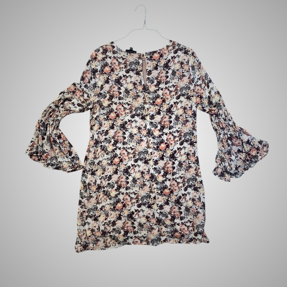 Bobeau Womens Floral Bell Sleeve Shift Dress Peach Cream Black Mini Size M